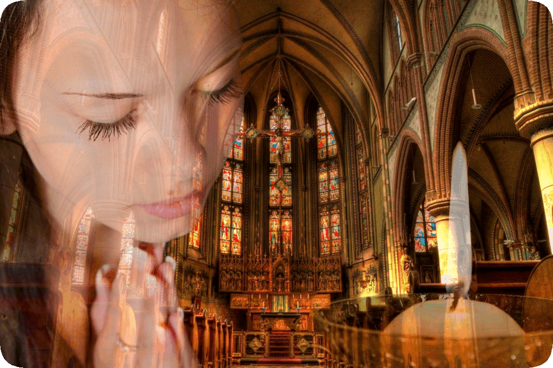 Picture of a woman with praying hands overlaid on a picture of a church cathedral interior.