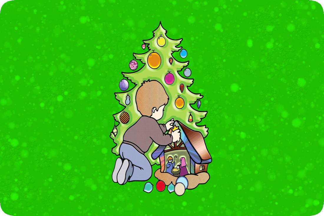 Picture of a boy placing a star on a stable in a nativity scene that is next to a decorated Christmas tree.