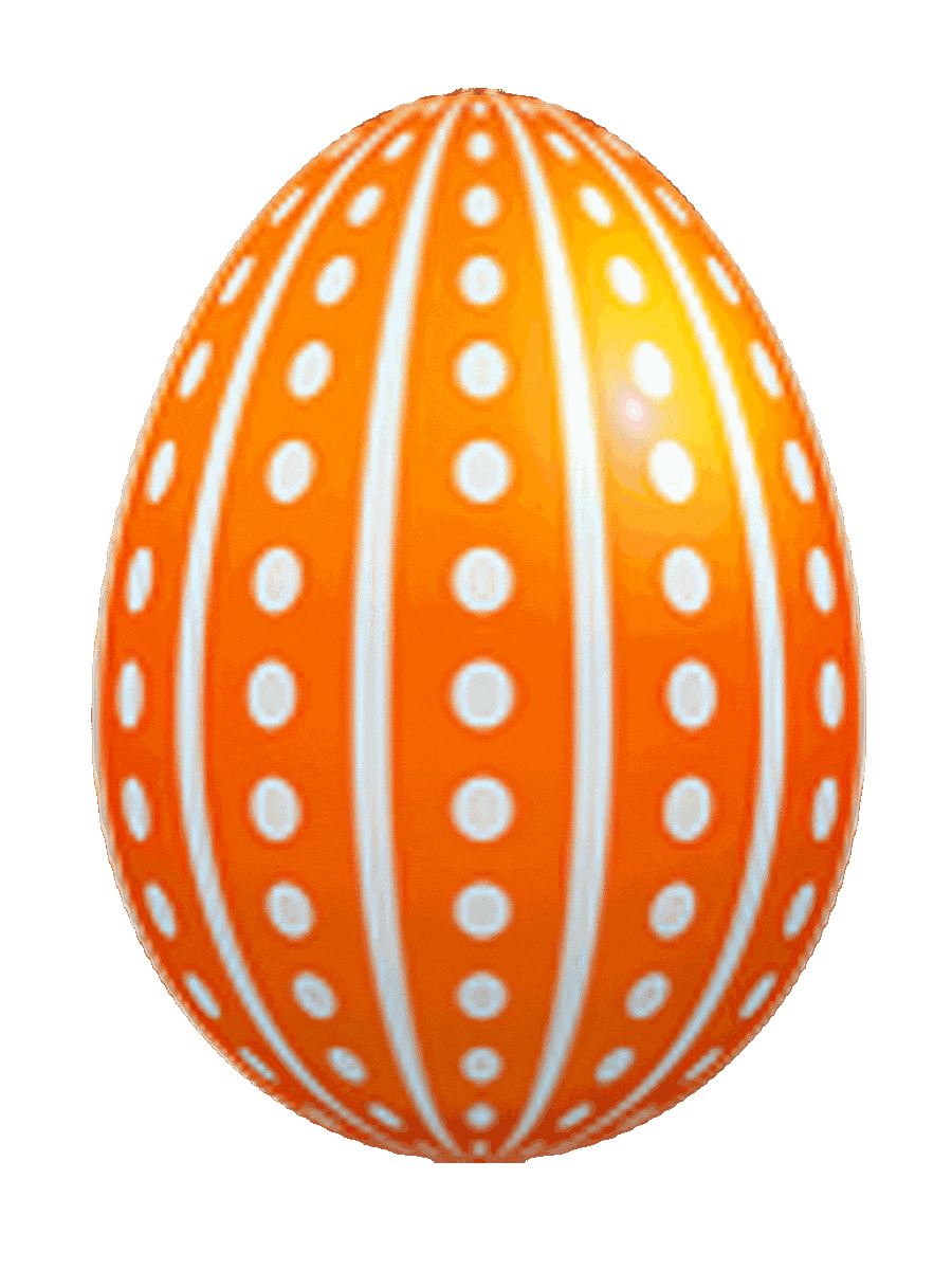 Picture of a decorated Easter egg with white and orange horizontal stripes and white circles along the orange stripes.