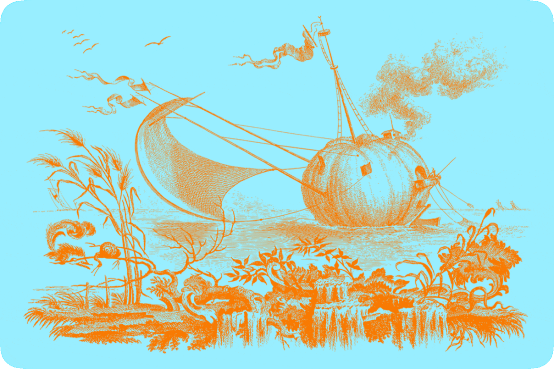 Picture of a sailing ship made from a large round orange pumpkin, floating in the sea.