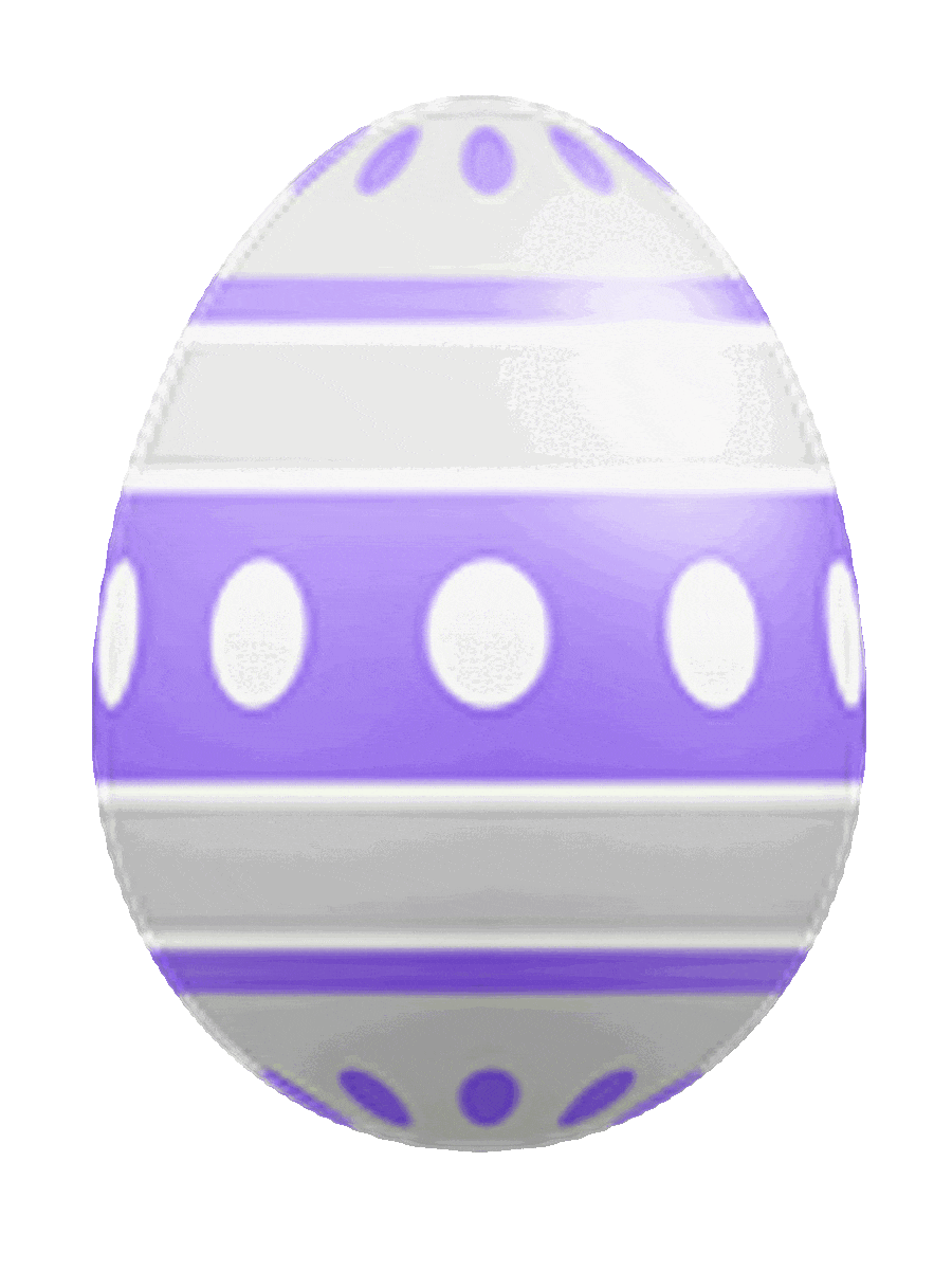 Picture of a decorated Easter egg with lavender and gray horizontal stripes and white circles.