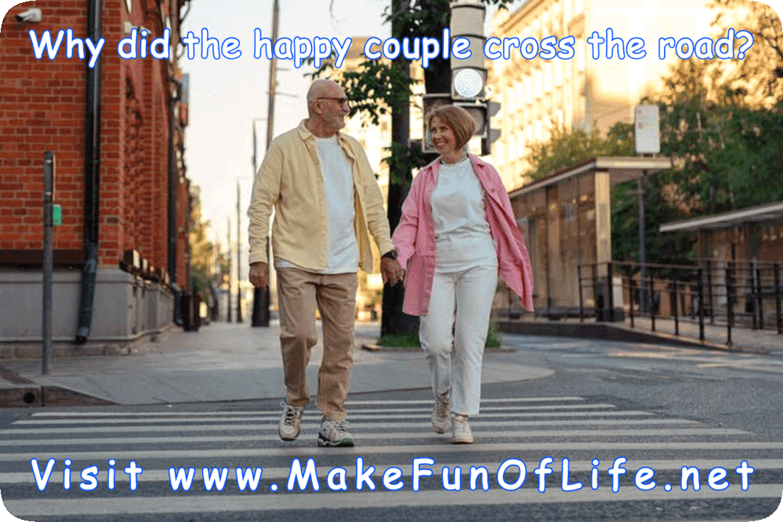 Picture of a happy couple crossing a road and the words, ‘Why did the happy couple cross the road? Visit www.MakeFunOfLife.net.