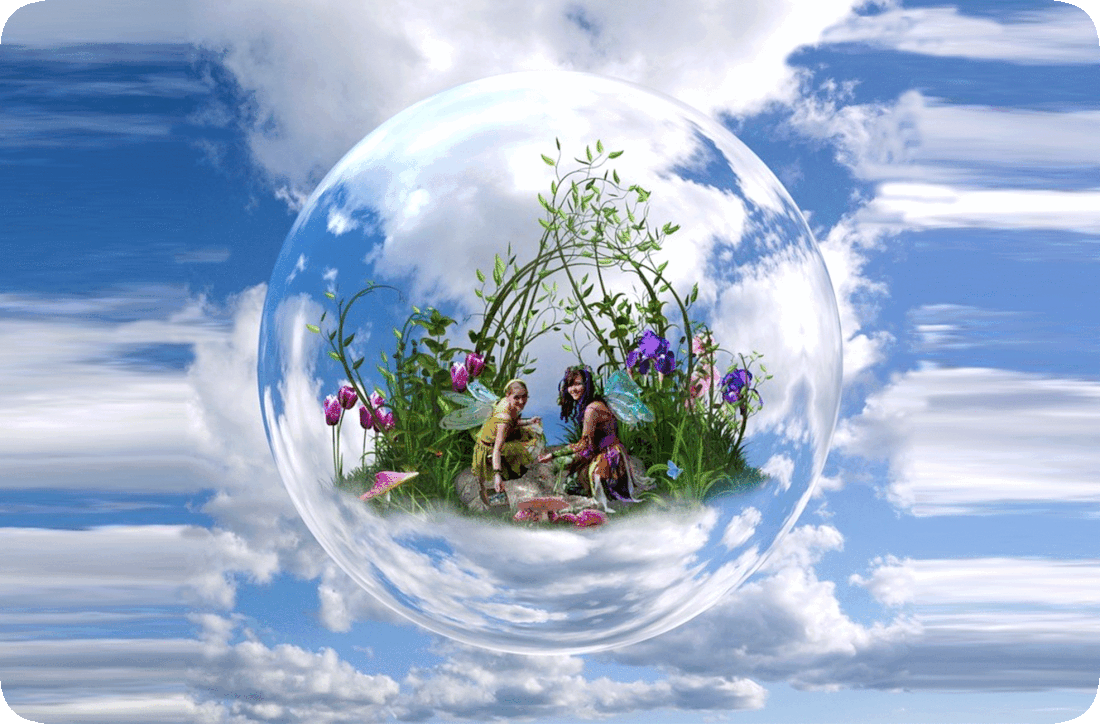 Picture of a bubble floating in the sky with two fairies inside it doing mysterious fairy work.