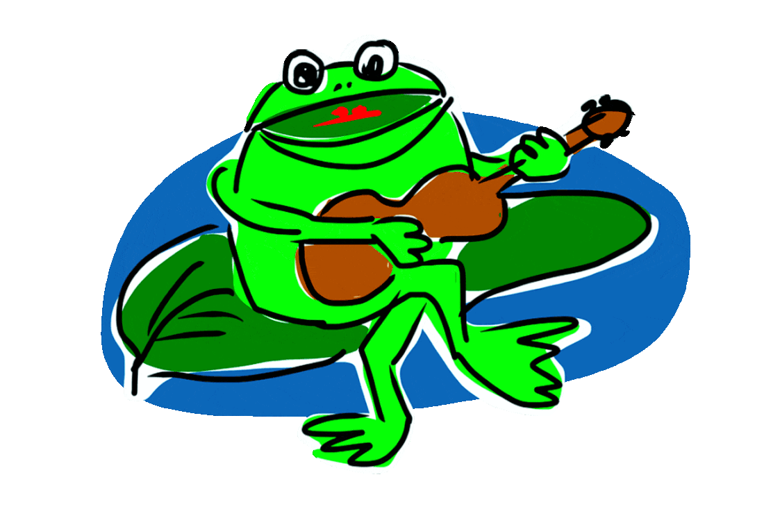 Picture of a green frog sitting on a lily pad and playing a guitar.