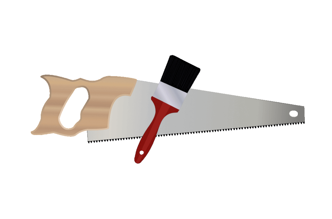 Picture of a handsaw and a paintbrush.