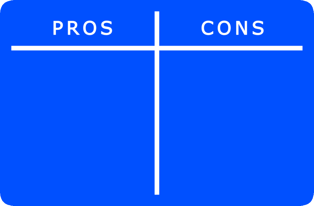 Picture of a Pros and Cons Chart made from two lines in a cross-shape, with the word ‘Pros’ over the left half of the picture, and the word ‘Cons’ over the right half of the picture, and a line drawn between them from the top of the picture to the bottom.
