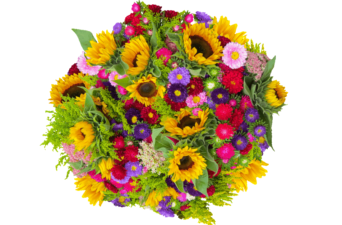 Picture from above of a bouquet of brightly-colored flowers including large yellow sunflowers and smaller pink flowers, purple flowers, red flowers, and lavender flowers.