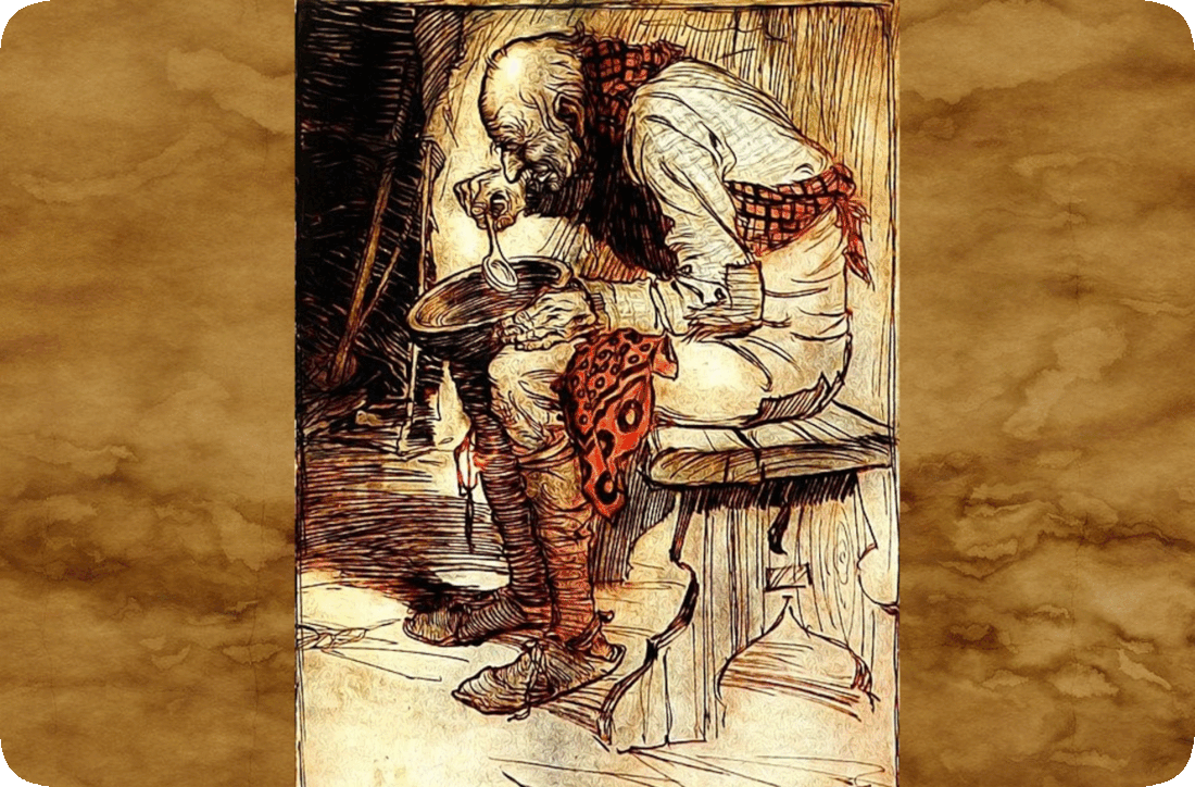 Pen and ink artwork by Arthur Rackham depicting an old man bent over and using a spoon to eat food from a bowl.