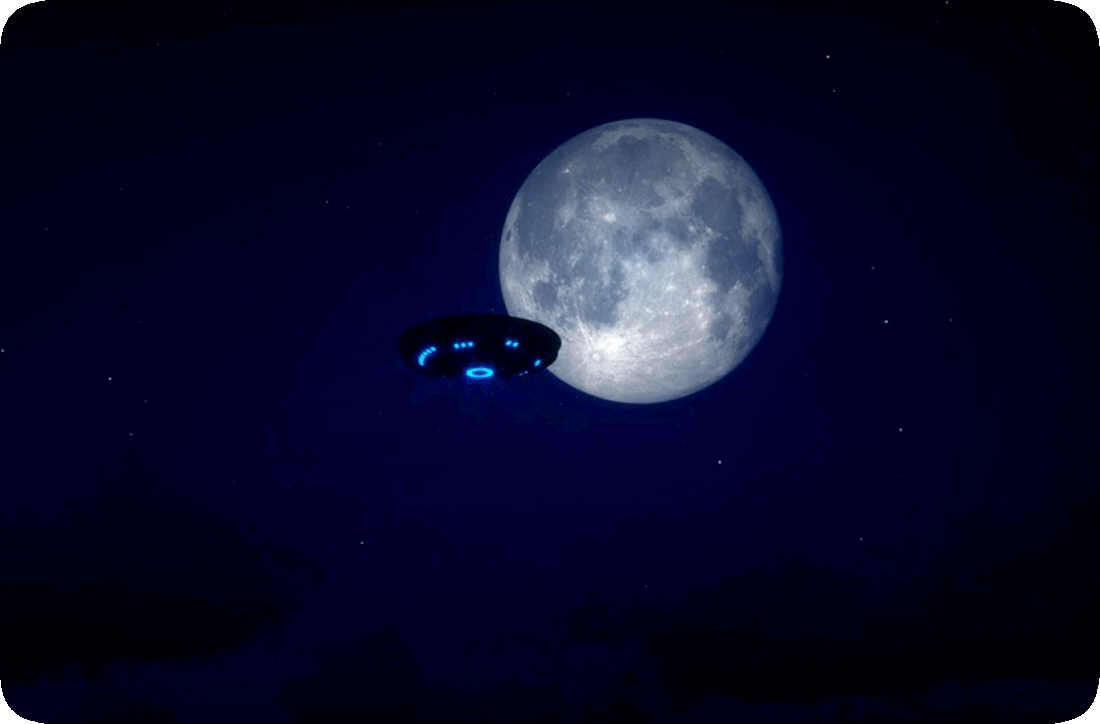 Picture of a night sky with a flying-saucer shaped UFO passing in front of the Earth’s Moon.