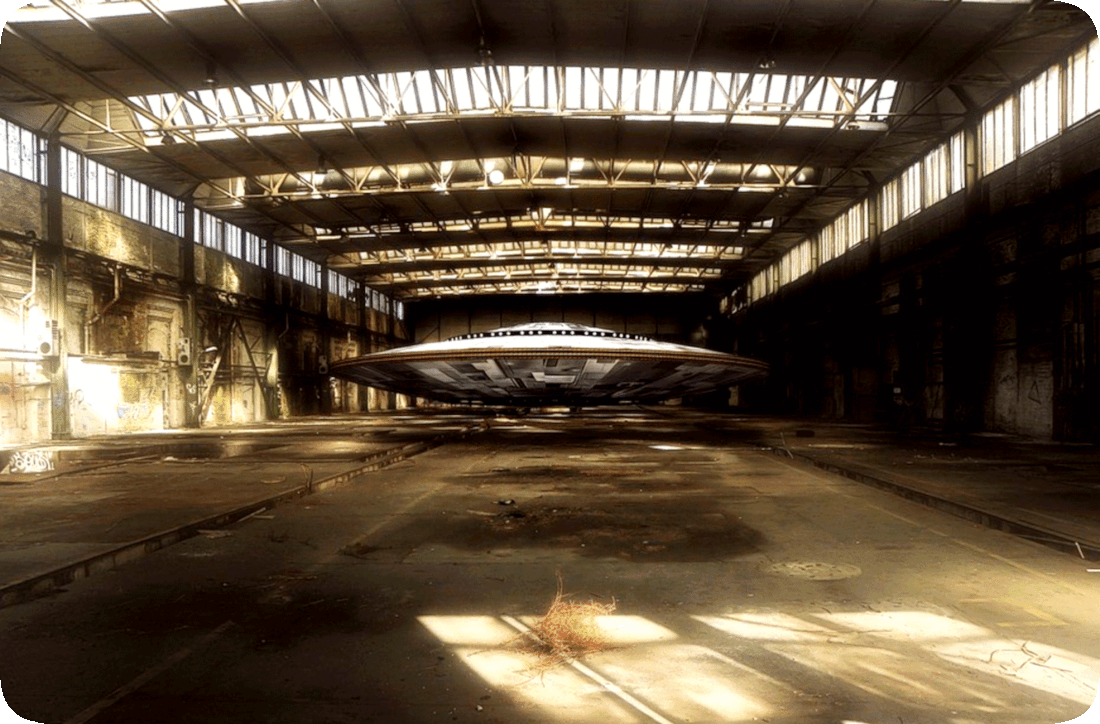 Picture of a disc-shaped UFO, or Unidentified Flying Object, in what appears to be an abandoned aircraft hangar.