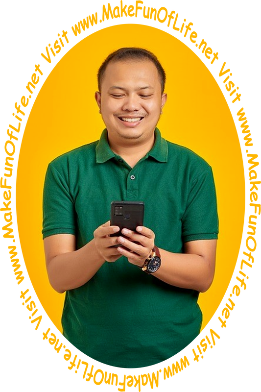 Picture of a happy smiling man looking at a cell phone.