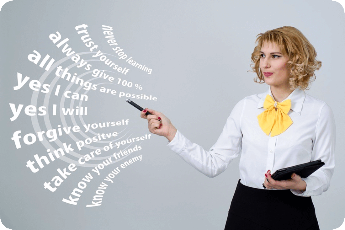 Picture of an instructor holding a computer tablet and using a pointer to emphasize the words, ‘Never stop learning, trust yourself, always give 100%, all things are possible, yes I can, yes I will, forgive yourself, think positive, take care of yourself, know your friends, know your enemies.’
