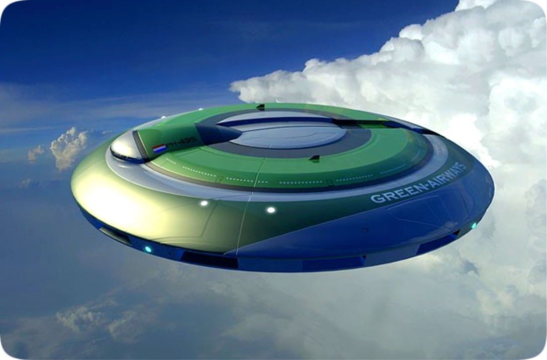 Concept depiction of a commercially-operated disk-shaped saucer that would be flown as an alternative to commercial fixed-wing passenger jet aircraft.