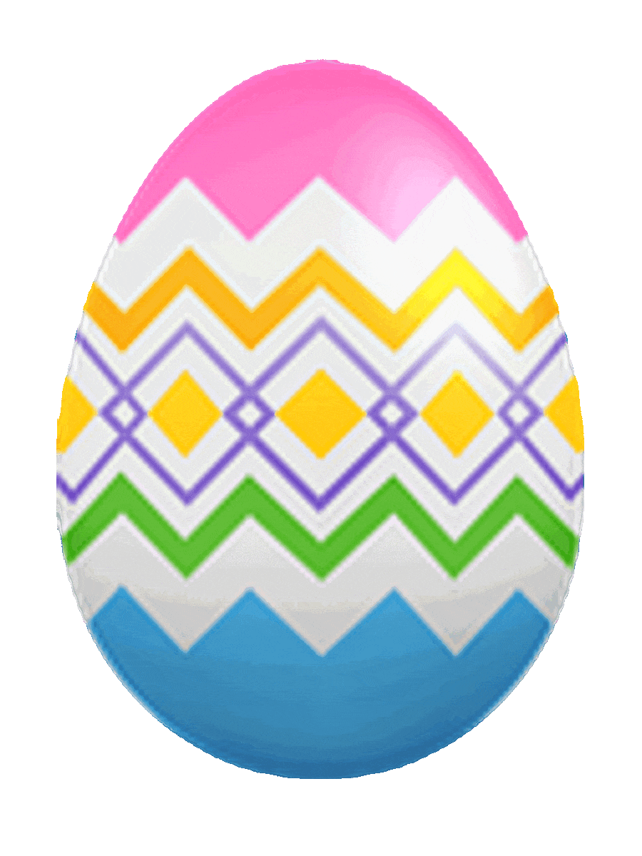 Picture of a decorated Easter egg, pink at one end, blue at the other end, with white zig-zag white, yellow and green lines in the middle.