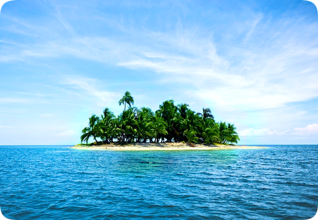 Picture of a tropical island covered with palm trees and sandy beaches, surrounded by an ocean of calm blue water