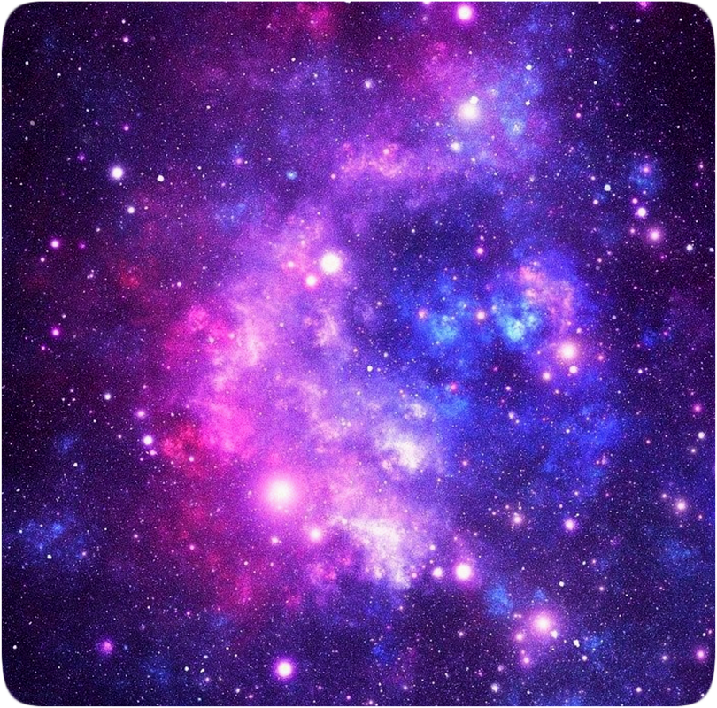 Picture of space with white stars highlighted in pinks and blues with a deep purple background.