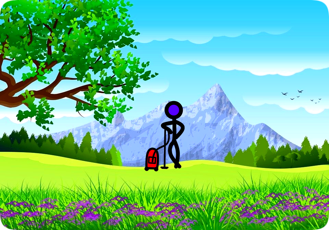 Picture of a stick figure person standing next to a vacuum cleaner in a grassy area with lavender flowers in the foreground and mountains, trees, flying birds, and clouds in the background