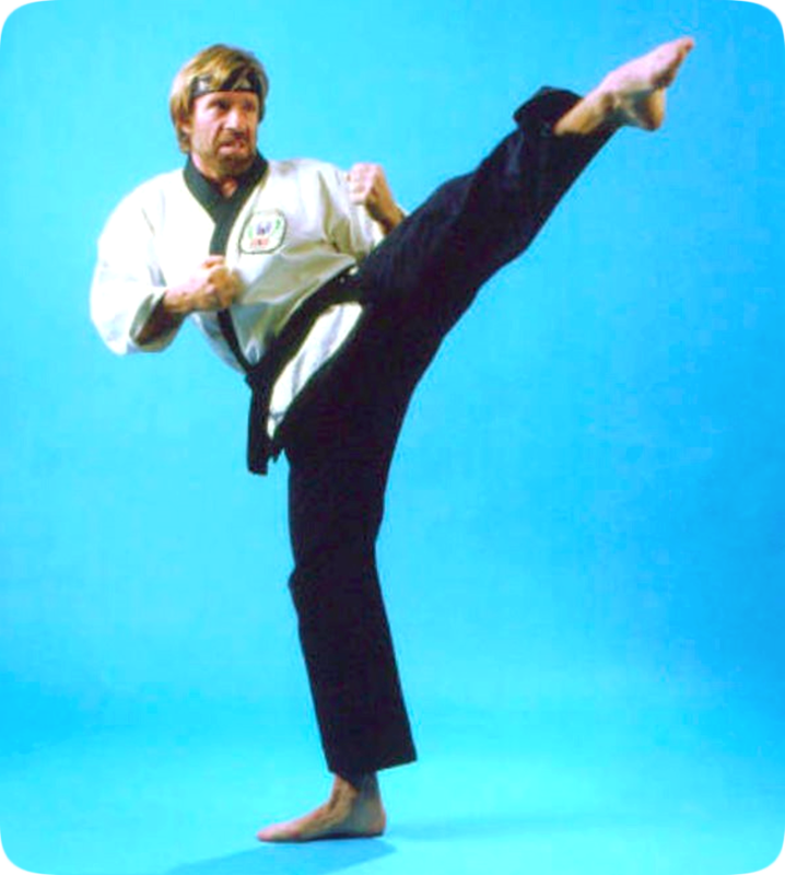 Picture of Chuck Norris demonstrating a Martial Arts high kick.