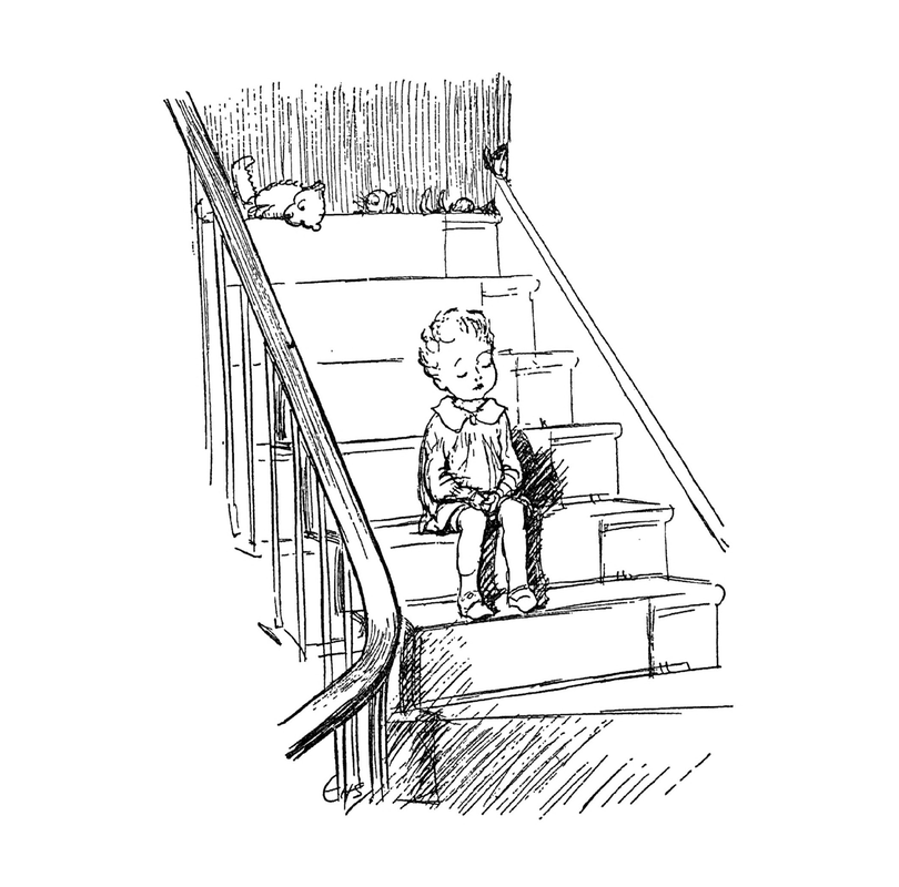 Picture of a child sitting on a stair inside a house.