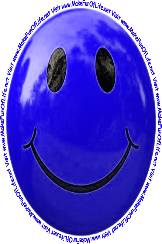 Picture of a medium-dark-blue smiley face and the words, 'Visit www.MakeFunOfLife.net.'