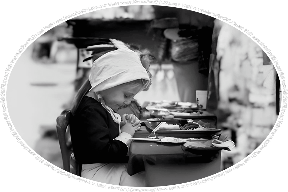 Picture of a girl seated at a dining table, her head bowed and her hands folded together, and the words, ‘Visit www.MakeFunOfLife.net.’