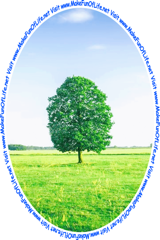 Picture of a green leafy tree in a field of green grass with a blue sky above and the words, 'Visit www.MakeFunOfLife.net.'