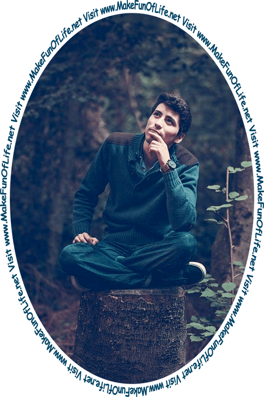 Picture of a man in a forest sitting cross-legged on a tree stump and deep in thought.