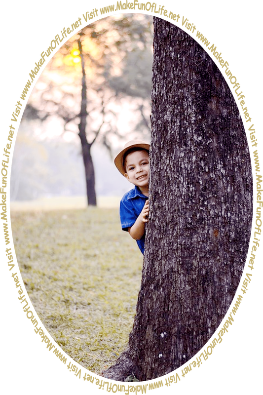 Picture of a boy looking out from behind a tree trunk and the words, 'Visit www.MakeFunOfLife.net.'