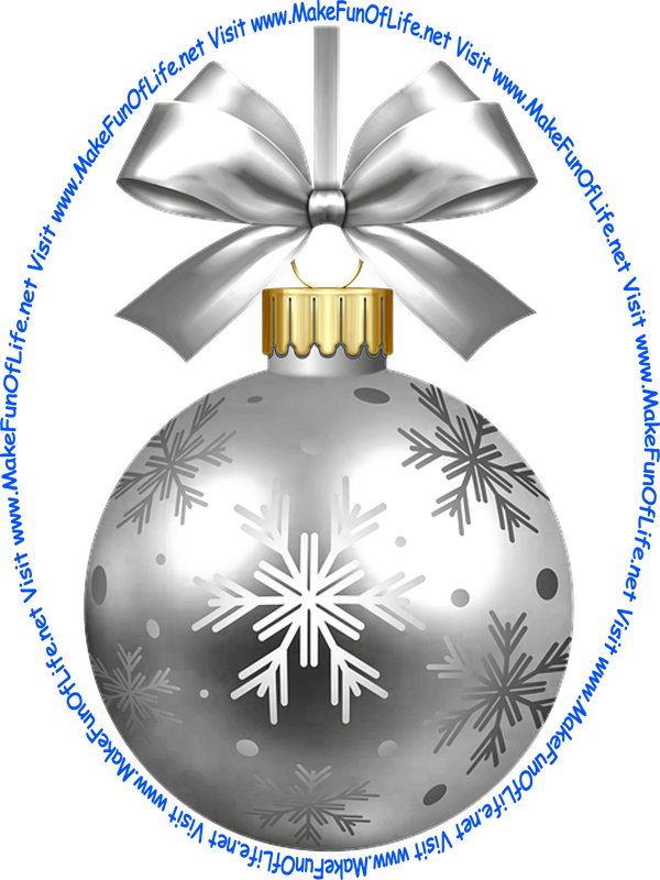 Picture of a silver-color Christmas bauble decoration with a silver-color bow and a piece of silver-color ribbon tied to it for hanging the decoration and the words, ‘Visit www.MakeFunOfLife.net.’