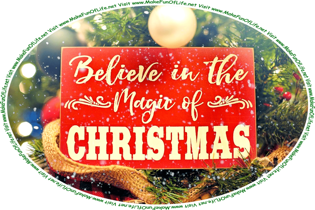 Picture of a red sign with the words, ‘Believe in the magic of Christmas,’ hung on a Christmas tree, lightly falling snowflakes, and the words, ‘Visit www.MakeFunOfLife.net.’