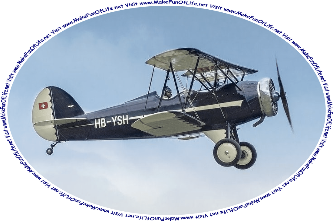 Picture of a biplane flying in the sky, and the words, ‘Visit www.MakeFunOfLife.net.’
