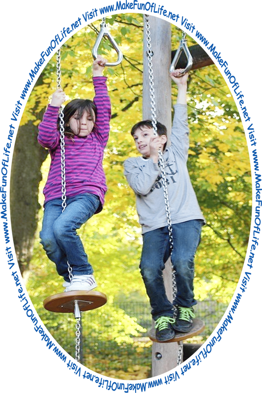 Picture of a boy and a girl on playground equipment designed to improve eye-hand coordination, muscle strength, and balance, outside under green leafy trees, and the words, ‘Visit www.MakeMakeFunOfLife.net.’