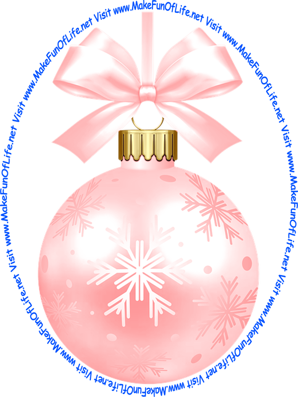 Picture of a pink-color Christmas bauble decoration with a pink-color bow and a piece of pink-color ribbon tied to it for hanging the decoration and the words, ‘Visit www.MakeFunOfLife.net.’