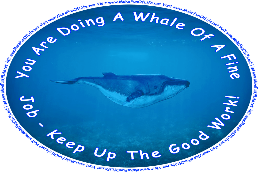Picture of a large whale underwater, and the words, ‘You Are Doing A Whale Of A Fine Job - Keep Up The Good Work! - Visit www.MakeFunOfLife.net.’