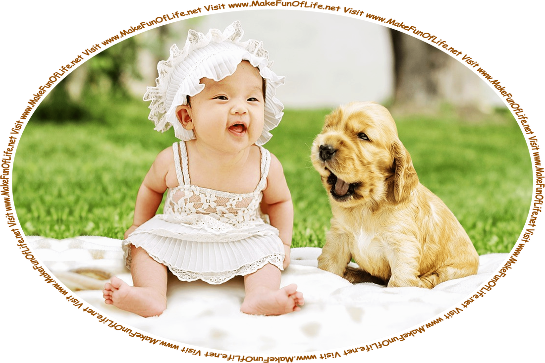 Picture of a happy smiling infant sitting on a blanket next to a puppy dog in a green grassy area, and the words, ‘Visit www.MakeFunOfLife.net.’