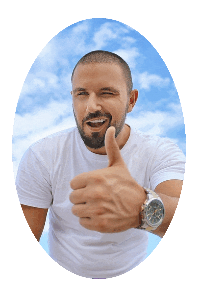 Picture of a happy smiling winking man with thumb up hand gesture and with blue sky and fluffy white clouds in background.