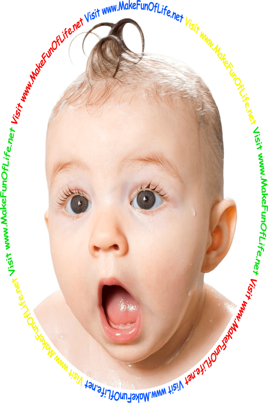 Picture of a baby with a wide-eyed, open-mouth look of astonishment on its face, and the words, 'Visit www.MakeFunOfLife.net.'