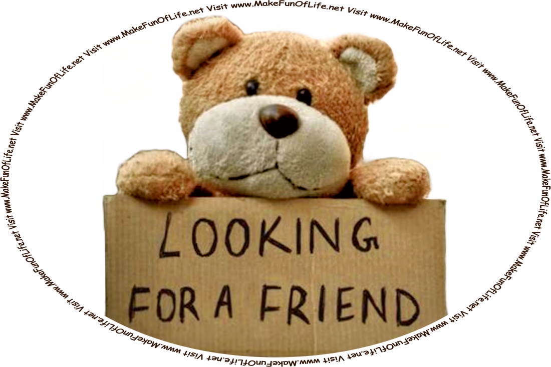 Picture of a stuffed toy teddy bear holding a cardboard sign on which is printed, ‘Looking For A Friend’ and the words, ‘Visit www.MakeFunOfLife.net.’