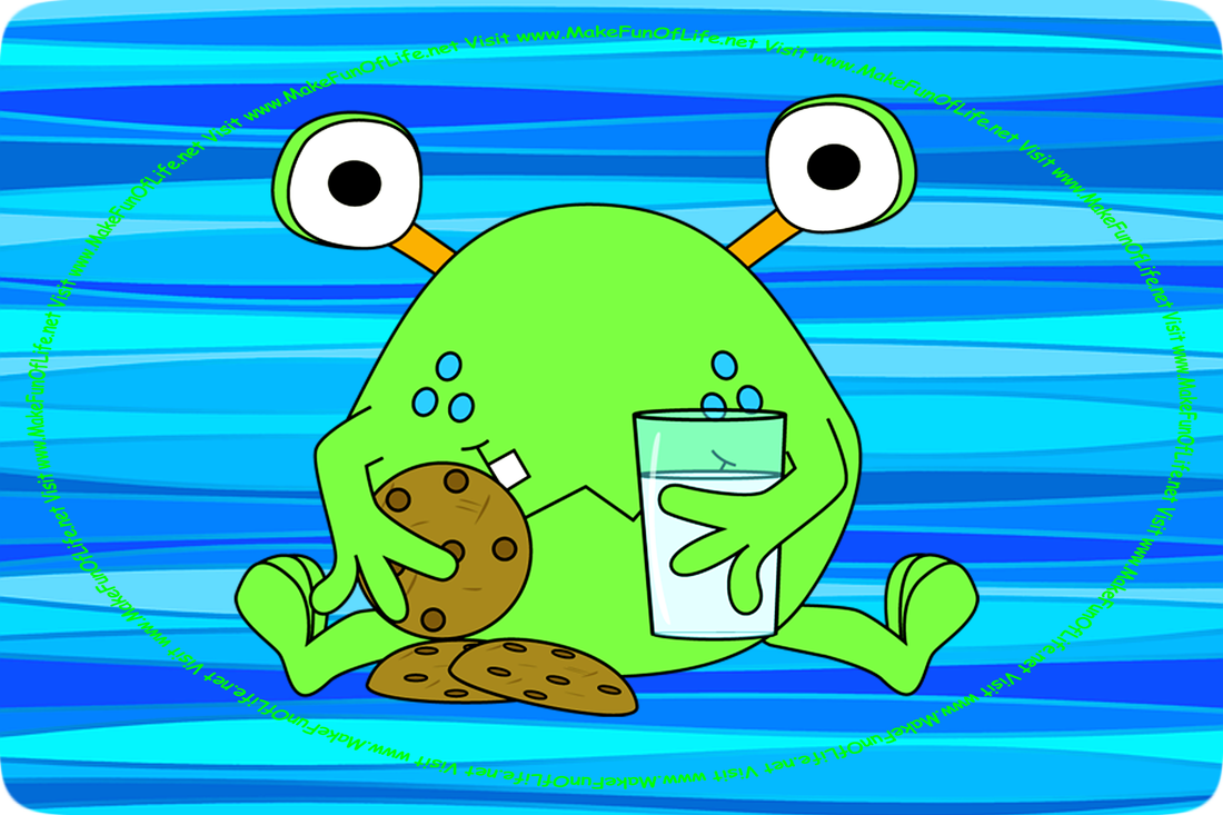 Picture of a happy smiling funny green monster holding a glass of milk and 3 chocolate-chip cookies.