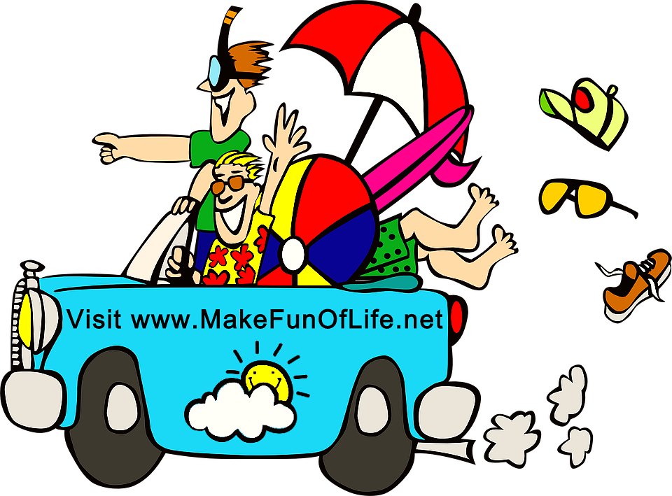 Picture of 3 men in an old blue convertible-top car with the driver smiling and waving and the front seat passenger standing on the seat and pointing forward. In the vehicle is a beach umbrella, an inflatable beach ball, and a surfboard. Painted on the outside of the car are the words, ‘Visit www.MakeFunOfLife.net’ with a happy smiling Sun partially obscured by a cloud.