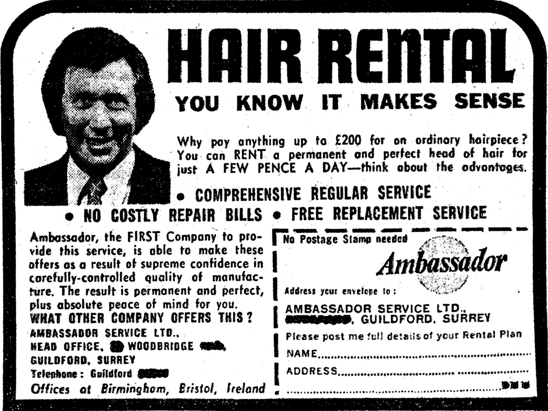 Copy of a print advertisement for a hairpiece rental company showing a happy smiling man wearing one of their hairpieces.