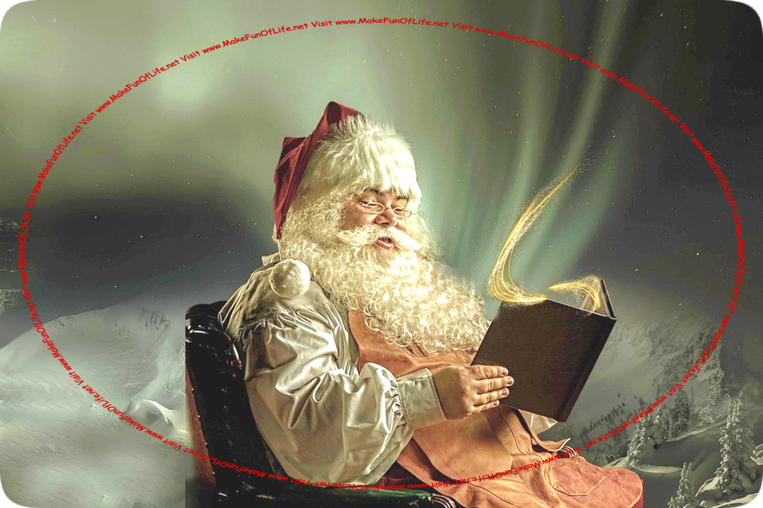 Picture of Santa Claus reading aloud from a book, with snow-covered mountains and evergreen trees in the background and the Northern Lights, or Aurora Borealis, lighting up the night sky.