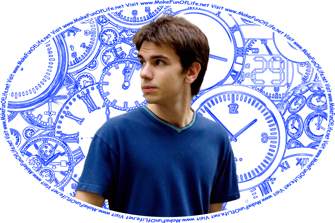 Picture of a man looking behind himself, with a wall covered with clocks in the background, and the words, ‘Visit www.MakeFunOfLife.net.’