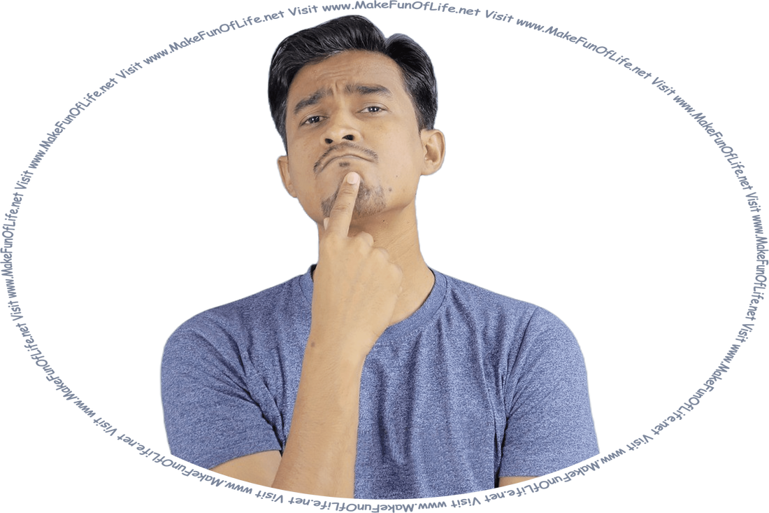 Picture of a young man holding one finger to his chin in an expression of pondering or thinking, and the words, ‘Visit www.MakeFunOfLife.net.’