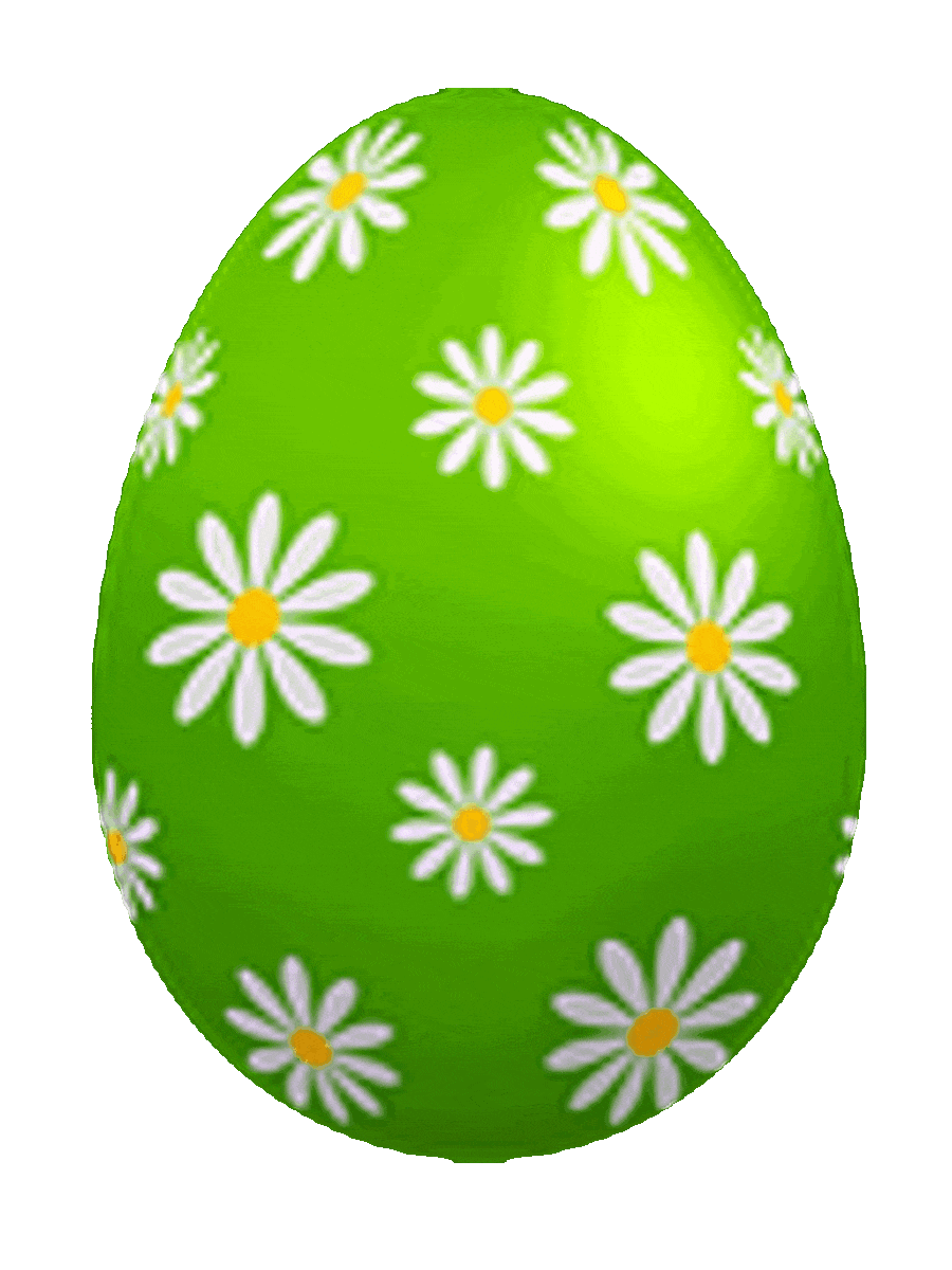 Picture of a decorated Easter egg with green color and white and yellow daisy flower blossoms.