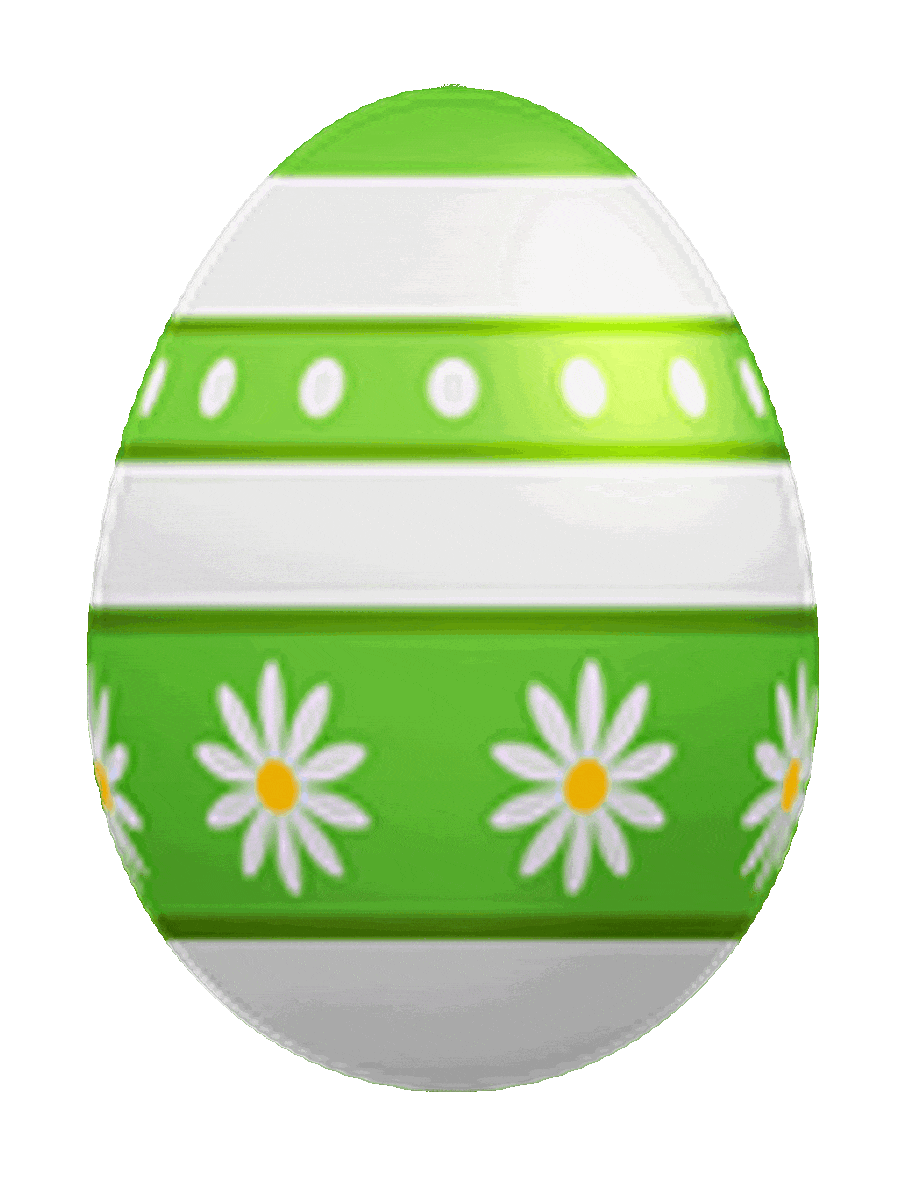 Picture of a decorated Easter egg with green and white horizontal stripes and white and yellow daisy flower blossoms.