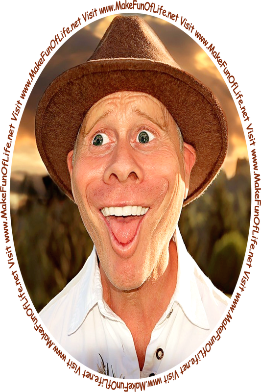 Caricature, or a humorously exaggerated picture, of a happy smiling man wearing a brown hat and looking at the words and pictures on the website, and the words, 'Visit www.MakeFunOfLife.net.'