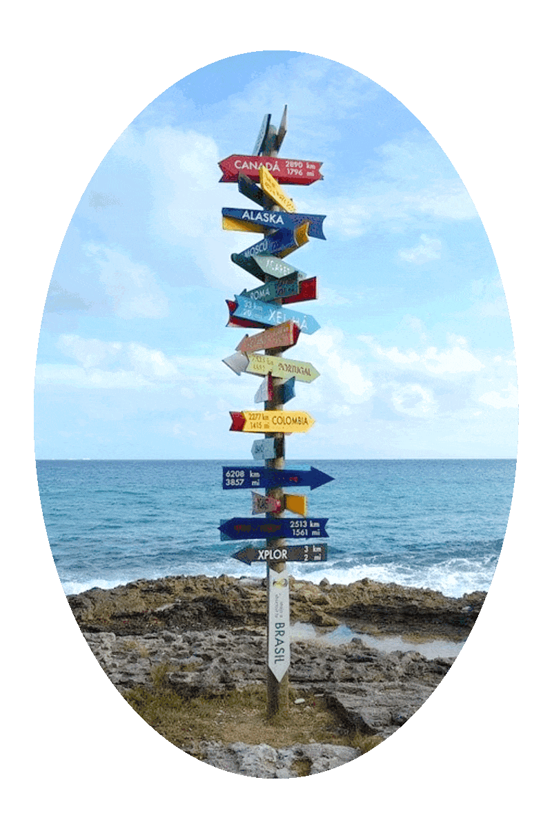 Picture of a sign post on a rocky coastline, with the names of cities and distances to the cities on arrow-shaped signs, with the sea and a cloudy sky in the background.