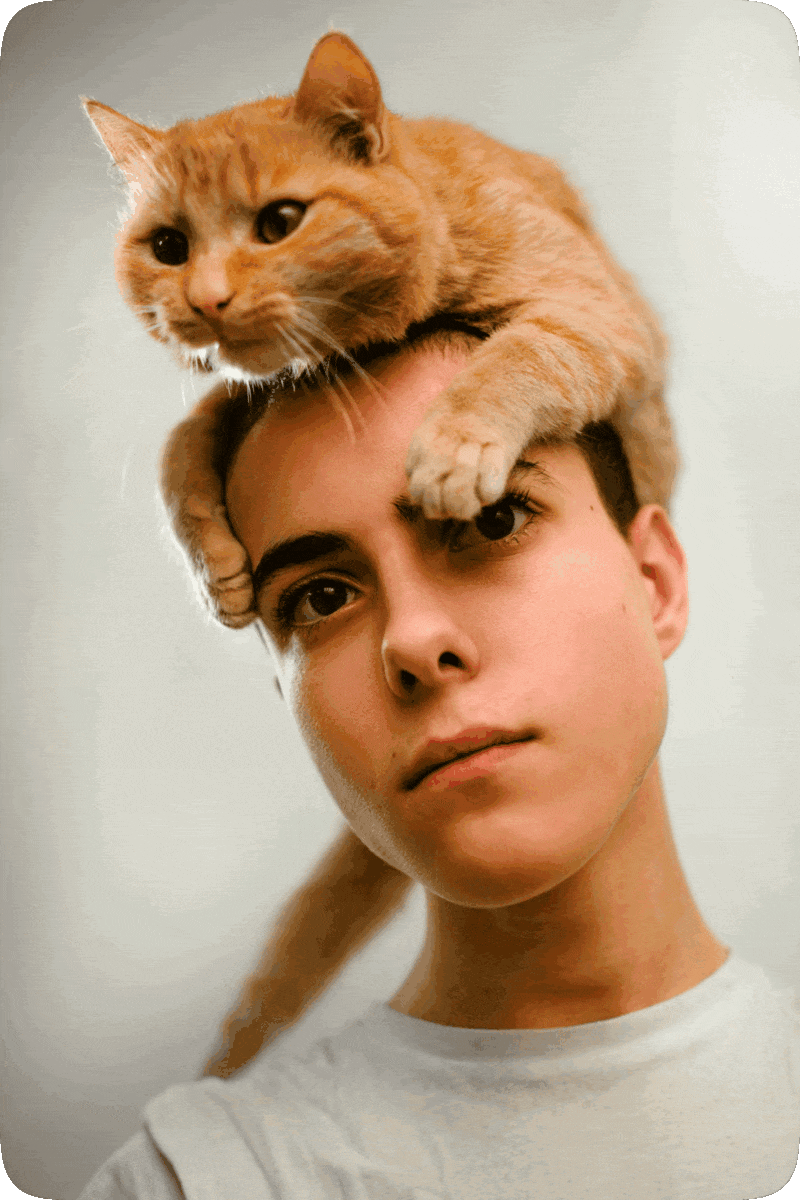 Picture of a young man with a cat on his head, and the cat looking at the words and pictures on the website.
