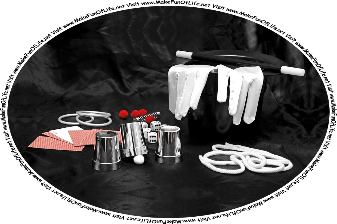 Picture of magic props, or objects used in magic tricks, including playing cards, a ball and 3 cups, 3 rings, a metal spring, 6-sided dice, red fuzzy pom-poms, white gloves, a magic wand, and the words, ‘Visit www.MakeFunOfLife.net.’